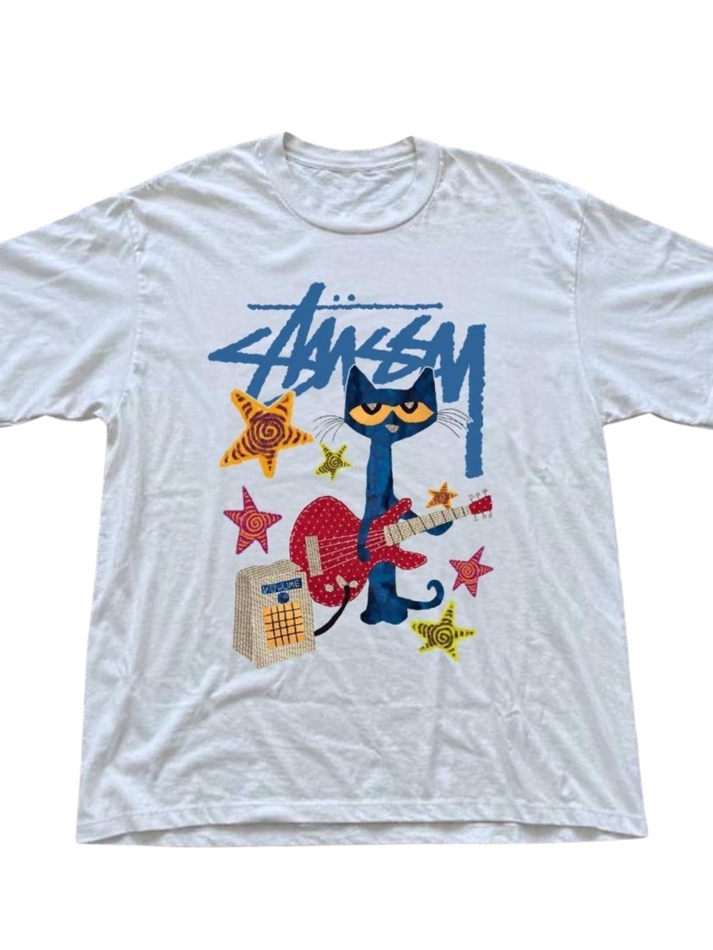 Gildan White Tee with Blue Cat Guitar Graphic